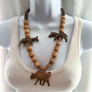 Vintage Boho Handcrafted Wooden Animal Bead Necklace